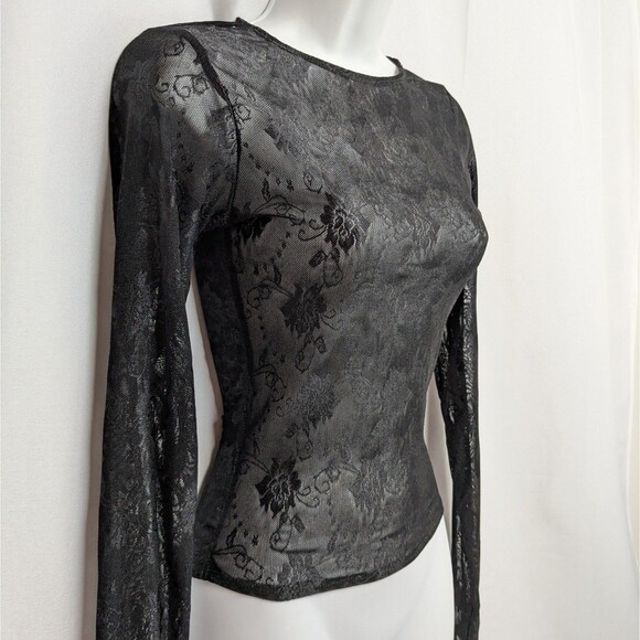 Outcast Clothing Sheer Lace Floral Long Sleeve Black Top Size Small Y2K Gothic - Picture 2 of 5